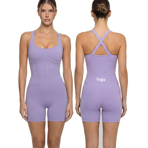 Trendy Square Neck Sleeveless Cross Back Padded <b>Waist</b> Tummy Control Yoga Jumpsuit Women Four Way Stretch <b>Corset</b> Yoga Set - Product Image 1