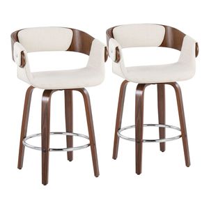 Set di 2 Sgabelli da Bancone Elisa, Design Moderno Mid-Century in Noce e Tessuto Crema per Uso Bar - Product Image 1