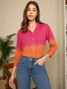 Camisa Casual de Rayón para Mujer, Estilo Ombre, Manga 3/4, Corte Holgado, Tie-Dye, Doble Tono, para Oficina y Uso Casual - Product Image 3