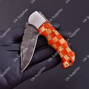 Cuchillo Plegable de Acero de Damasco Hecho a Mano, Punta Recta, Grado Industrial, para Caza, Camping, Uso Diario, con Funda de Cuero - Product Image 2