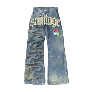 Wholesale Custom street wear Dark Blue Fashion Denim 100% Cotton Washed Straight Wide Leg Plus Size Men Baggy Jeans <b>Pants</b> - Product Image 4
