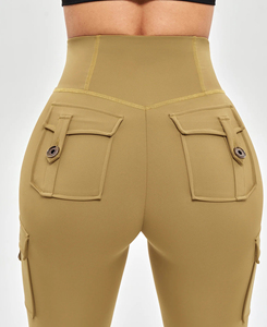 Nouveaux leggings de yoga élégants à taille basse, couleur unie, coupe évasée, sans coutures, avec poches, extensibles dans quatre directions, longueur intégrale, en spandex et polyester - Product Image 5