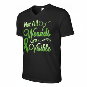 Camiseta Negra con Cuello en V para Hombre, Conciencia sobre la Salud Mental, No Todas las Heridas Son Visibles, Gráfico de Silicona Verde, Estampado de Serotonina - Product Image 3