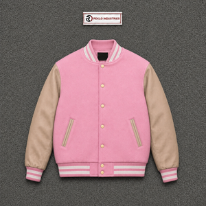 Chaqueta Varsity Premium de Lana Rosa con Mangas de Cuero Beige, Chaqueta Bomber de Béisbol Personalizada con Letras, para Hombre y Mujer, Venta al Por Mayor - Product Image 5