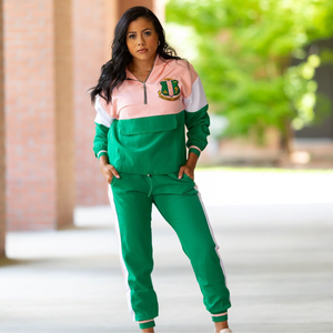 Custom <b>Pink</b> Green White Women's Vintage Hooded Pullover Jacket Pants <b>Tracksuit</b> <b>Set</b> Polyester/Cotton Casual Sportswear Team - Product Image 1
