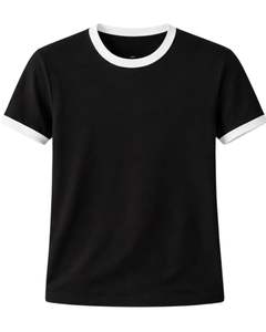 Camiseta Ringer Negra Personalizada para Mujer con Cuello y Ribete de Manga en Contraste Blanco, Top Casual de Verano de Manga Corta de Algodón para Streetwear - Product Image 1