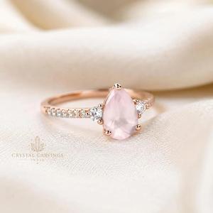 Natural Rose Quartz Rhodium Plated Sterling <b>Silver</b> <b>Ring</b> Pear Cut Pink Gemstone Engagement <b>Dainty</b> Three Stone Promise <b>Ring</b> Unisex - Product Image 4