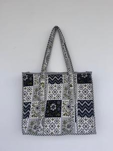 Custom Lightweight Durable Quilted Cotton Black Floral <b>Tote</b> Bag <b>Zip</b> Closure Top Long Handles Women's Shopping Bag 17x14 Inches - Product Image 1
