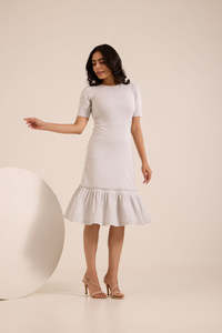 Crew Neck Knitted Midi <b>Dress</b> With <b>Ruffle</b> Hem Fitted Casual Solid Color Short Sleeve Daily Wear - Product Image 5