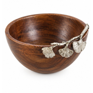 Tazón de Servir de Madera de Mango de Lujo con Asa Decorativa de Hoja de Ginkgo en Metal Plateado, Tazón para Ensaladas y Frutas para Mesa de Hotel u Hogar - Product Image 1