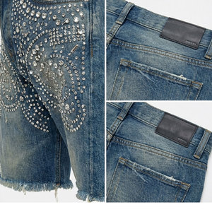 Streetwear Custom Baggy Vintage Wash Straight Leg Distressed Rhinestone <b>Jeans</b> Denim Shorts Jorts for <b>Men</b> - Product Image 5