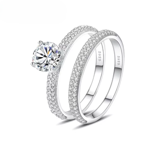 Brilliant Round Cut Cubic Zirconia Engagement <b>Ring</b> <b>Set</b> 925 Sterling <b>Silver</b> Pave Setting Classic Women's Jewelry - Product Image 1
