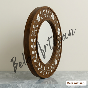 Espejo Decorativo de Pared Redondo de Madera con Incrustaciones de Hueso y Patrón Floral, Hecho a Mano por Artesanos de Bela, para Decoración de Hogar de Lujo - Product Image 2