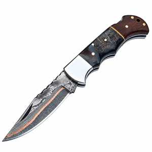 Cuchillo de Bolsillo de Acero Damasco Cobre Edición Limitada Hecho a Mano con Mango de Madera y Cuerno de Carnero, Cuchillo Plegable OEM para Caza e Industria - Product Image 2
