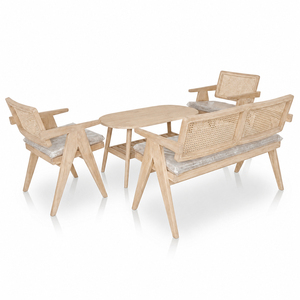 Juego de Muebles de Salón Modernos Escandinavos Malmo de Teca y Ratán con Acabado Blanqueado, Mesa de Centro Ovalada Premium con Estante y Sofá de Mimbre para Salón de Hotel - Product Image 4