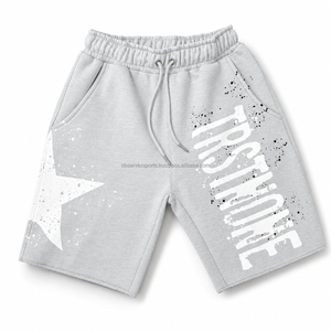 Shorts Bermuda en coton gris pour homme avec imprimé étoiles et texte, taille à cordon de serrage, style décontracté - Product Image 1