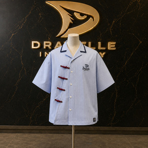 Sky Blue White Striped Y2K Streetwear Shirt Men Oversized Boxy Short Sleeve Crimson Rope <b>Toggle</b> Camp Collar <b>Button</b>-Up Wholesale - Product Image 1