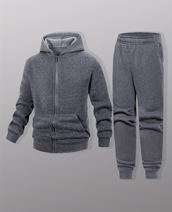Customized Brand 2pcs Set Boys Outfit Long Sleeve Zip-Up Sweatshirt Joggers Autumn/Winter Solid Color Polyester/Cotton Casual - Product Image 3