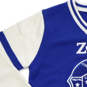 เสื้อสเวตเตอร์คอวีสีน้ำเงินขาว Zeta Phi Beta ปักตัวอักษรกรีก ZPB สำหรับผู้หญิง แต่งขอบยางยืด เสื้อถักคุณภาพพรีเมียม - Product Image 6