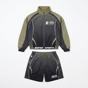 Women windbreaker short set 120 GSM polyester microfiber breathable <b>grey</b> black panel design custom heat transfer logo plus size - Product Image 4