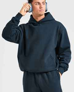 Sweat-shirt à capuche bleu foncé pour homme, coupe ample, en molleton de coton, décontracté, pour l'automne, avec poche avant, manches classiques, tricoté - Product Image 2