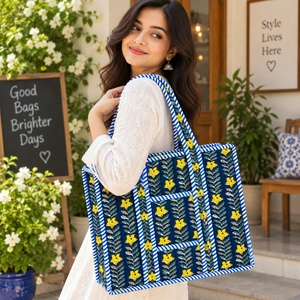 Bohemian Fashion Panelled Cotton Canvas Women's Shoulder Tote <b>Bag</b> <b>Navy</b> Yellow Floral Print Blue White Stripe Trim Zipper - Product Image 2