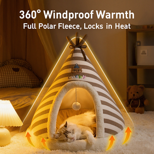 Cama Cálida de Invierno para Gatos, Tienda de Campaña Tipo Tipi, Casa Tejida a Rayas, Nido Cueva para Mascotas con Pelota Colgante y Cojín Suave de Felpa para Gatos y Perros de Interior - Product Image 4