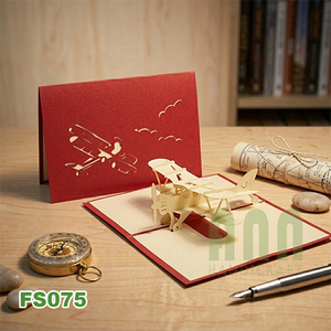 FS075 ANN HANDICRAFT Handmade 3D Pop-up Bi-Plane Greeting Card Die Cut <b>Paper</b> Craft <b>Red</b> Custom Design Rectangle Shape Friendship - Product Image 1