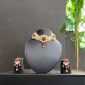 Parure de collier Jaal Puwai artisanal rose en laiton plaqué or, style ethnique indien, avec perles d'imitation, pour femme, idéal pour mariage - Product Image 2