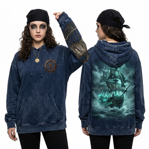 Sudadera con Capucha Azul Marino Personalizada para Mujer, con Estampado Gráfico de Barco Fantasma, Sudadera Oversize de Forro Polar con Efecto Desgastado, Sudadera con Estética Pirata, Proveedor - Product Image 1