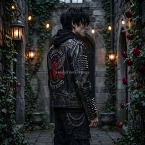 Custom Gothic Biker Leather Jacket <b>Men</b> Embroidered Heart Patch <b>Studded</b> Distressed Punk Rock Moto Streetwear Wholesale Supplier - Product Image 3