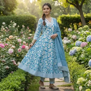 Ensemble Kurta Anarkali pour femmes, imprimé floral bleu, col en V, robe évasée avec dupatta, tenue traditionnelle ethnique pour les occasions festives - Product Image 1