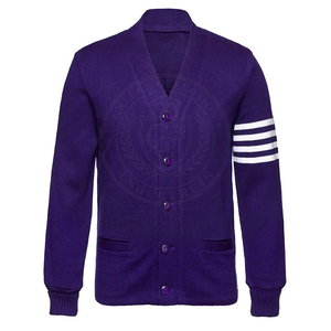 Cardigan en acrylique tricoté violet pour hommes et femmes, avec broderie de lettres grecques et rayures blanches, idéal pour toutes les saisons, pour fraternités et sororités. - Product Image 3