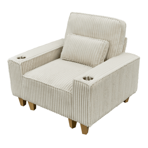 Poltrona Accogliente in Velluto a Coste con Seduta Profonda e Portabicchieri in Acciaio Inossidabile Spazzolato, Sedia d'Accento per Soggiorno con Cuscino Decorativo - Product Image 1