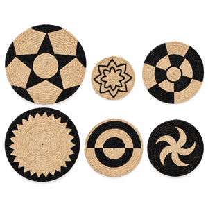 Ensemble de 6 décorations murales rondes en jute personnalisables, noir et naturel, style bohème géométrique, pour la décoration intérieure et les hôtels - Product Image 3
