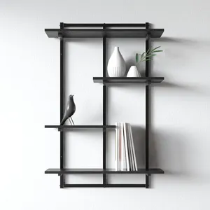 Étagère murale flottante géométrique moderne en métal noir et bois pour salon, chambre et bureau (vente en gros) - Product Image 3