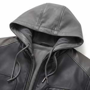 Blouson de moto en cuir PU personnalisé pour homme, col montant, capuche amovible, fermeture éclair, décontracté, imperméable, teint uni, OEM, vente en gros - Product Image 6