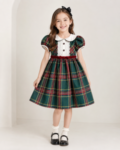 Vestido clásico a cuadros para niñas con cuello Peter Pan y ribete de encaje |   Elegante Vestido para Fiesta Navideña - Product Image 4