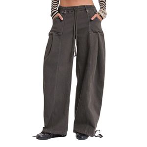 Pantalon de jogging gris pour femme, taille haute, coupe ample et large, avec poches et cordon de serrage, style streetwear décontracté, personnalisable, vente en gros - Product Image 5