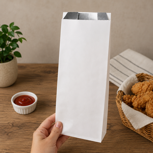 Sac en papier blanc anti-graisse standard, plat, avec fermeture autocollante, jetable, biodégradable, écologique, poignées découpées, pour usage alimentaire - Product Image 1