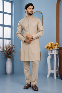 <b>Mens</b> Beige Cotton <b>Kurta</b> Pajama Set Stylish Thread Work Tassel Detail Indian Traditional Festival Outfit Wholesale B2B Custom - Product Image 2