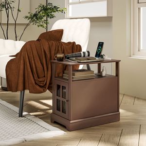 Modern Brown Narrow Side <b>Table</b> with USB Charging Station and <b>Storage</b> End <b>Table</b> for Living Room <b>Console</b> <b>Tables</b> - Product Image 2