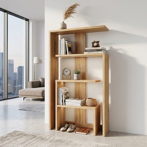 Étagère à livres géométrique moderne en bois massif, présentoir asymétrique à niveaux élégant pour salon, design artistique, ensemble d'art pur - Product Image 2