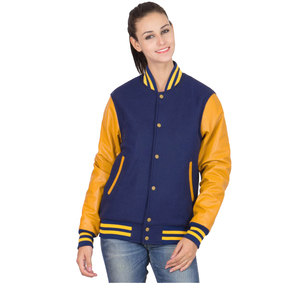 Veste universitaire pour femme, bleu marine et jaune, à manches longues, avec blocs de couleur, col boutonné, longueur standard, vêtement d'extérieur pour l'automne - Product Image 2