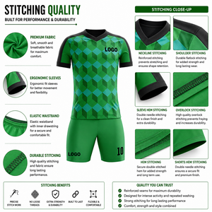 Ensemble maillot et short de football à motif géométrique vert, imprimé par sublimation, en polyester anti-humidité, col en V, manches courtes, pour homme, athlétique - Product Image 6