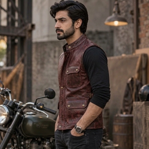 <b>Men</b> Leather <b>Vest</b> Featuring Premium Leather Construction Classic Sleeveless Style Multiple Pockets Secure Zipper Closure - Product Image 3