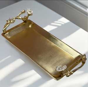 Serving Favorite Gold Plated Rectangle <b>Decorative</b> <b>Tray</b> with Floral Handles Contemporary Design Single Piece Package - Product Image 1