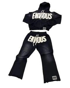 100% algodón de alta calidad francés Terry bordado pantalones de chándal y Sudadera con capucha Jogger Set Zip up Acid Wash Sun Faded chándal para hombres - Product Image 2