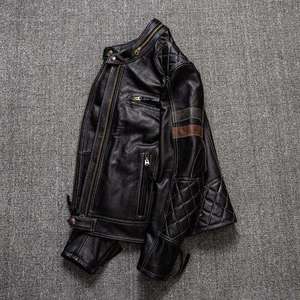Veste de moto en cuir véritable pour homme, col montant, fermeture éclair, manteau de motard - Product Image 5