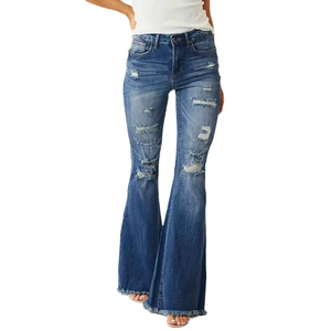 Jean évasé bleu délavé pour femme, taille mi-haute, en denim de haute qualité, avec service OEM ODM - Product Image 3